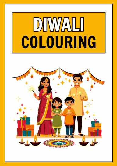 An orange framed colouring book cover showing people celebrating diwali