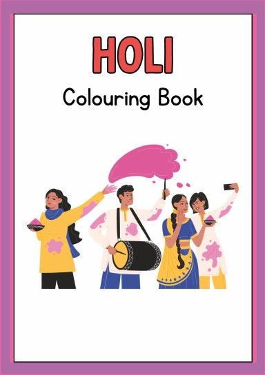 Cover of the Holi Colouring Book featuring an illustration of people playing musical instruments and throwing coloured powders in celebration.