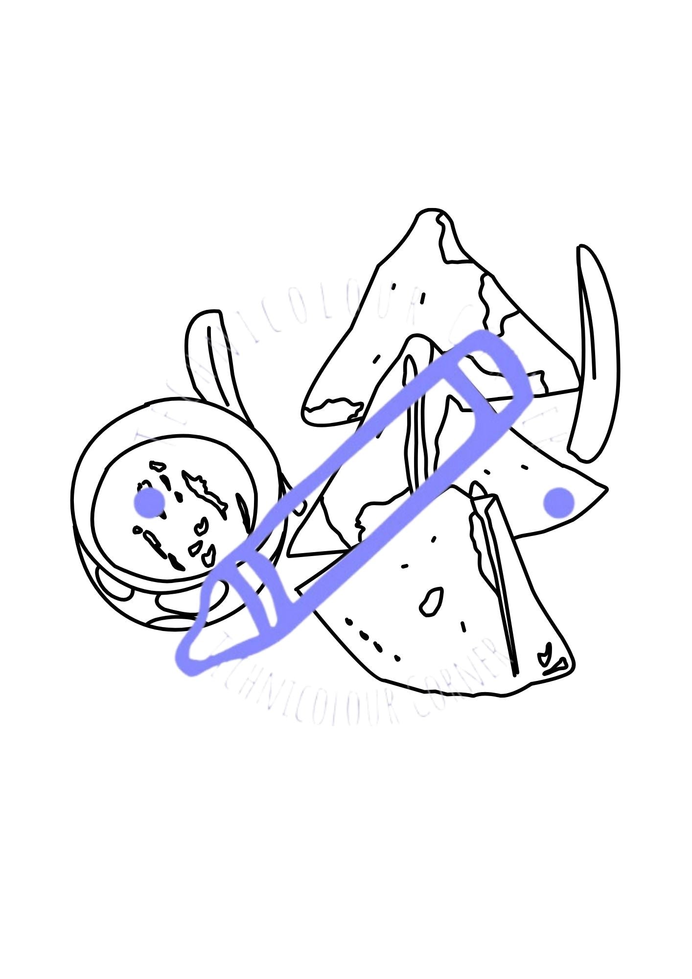 Colouring page showing food to celebrate diwali from the technicolour corner digital download book