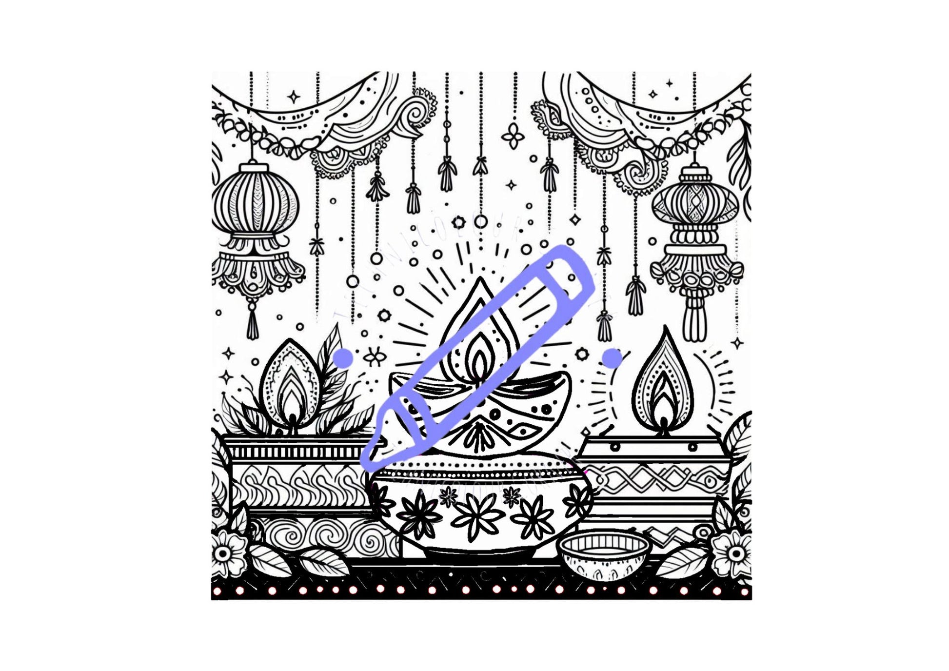 A colouring page with Diwali-themed designs including diyas, rangoli patterns, lotus flowers, and fireworks.