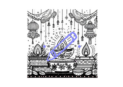 A colouring page with Diwali-themed designs including diyas, rangoli patterns, lotus flowers, and fireworks.