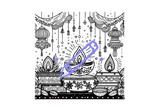 A colouring page with Diwali-themed designs including diyas, rangoli patterns, lotus flowers, and fireworks.