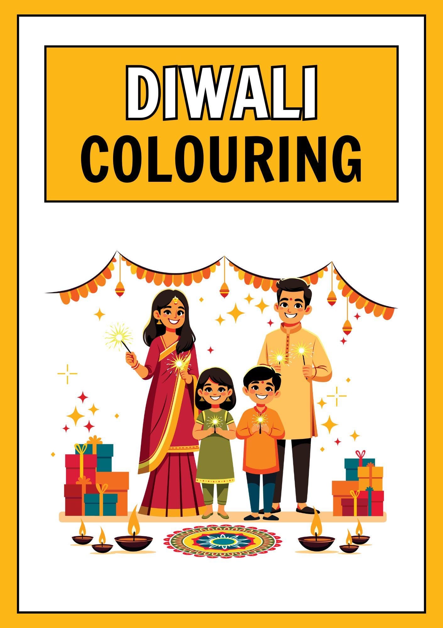 Cover of the Digital Diwali Colouring Book featuring an illustration of a family celebrating Diwali with rangoli, Diwali lights, and gifts.