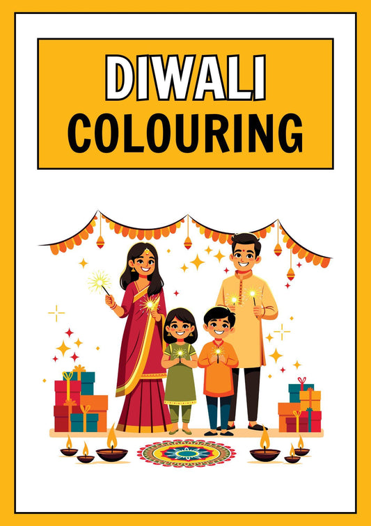 Cover of the Digital Diwali Colouring Book featuring an illustration of a family celebrating Diwali with rangoli, Diwali lights, and gifts.