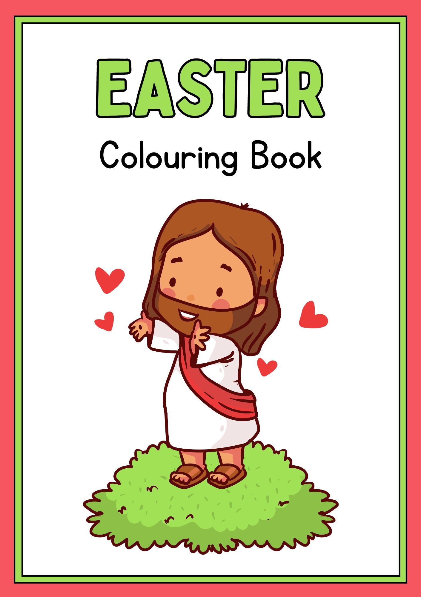 Cover of the Easter Colouring Book featuring an illustration of a child with a white and red dress, sitting on a grassy surface, with the title 'EASTER Colouring Book' above.