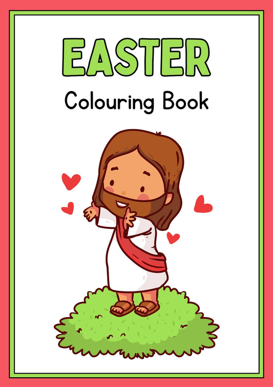 Cover of the Easter Colouring Book featuring an illustration of a child with a white and red dress, sitting on a grassy surface, with the title 'EASTER Colouring Book' above.