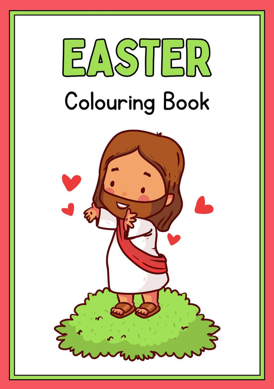 Cover of the Easter Colouring Book featuring a colorful illustration of a smiling child with a bunny ears hat, eggs, and chicks on a white background with the title text.