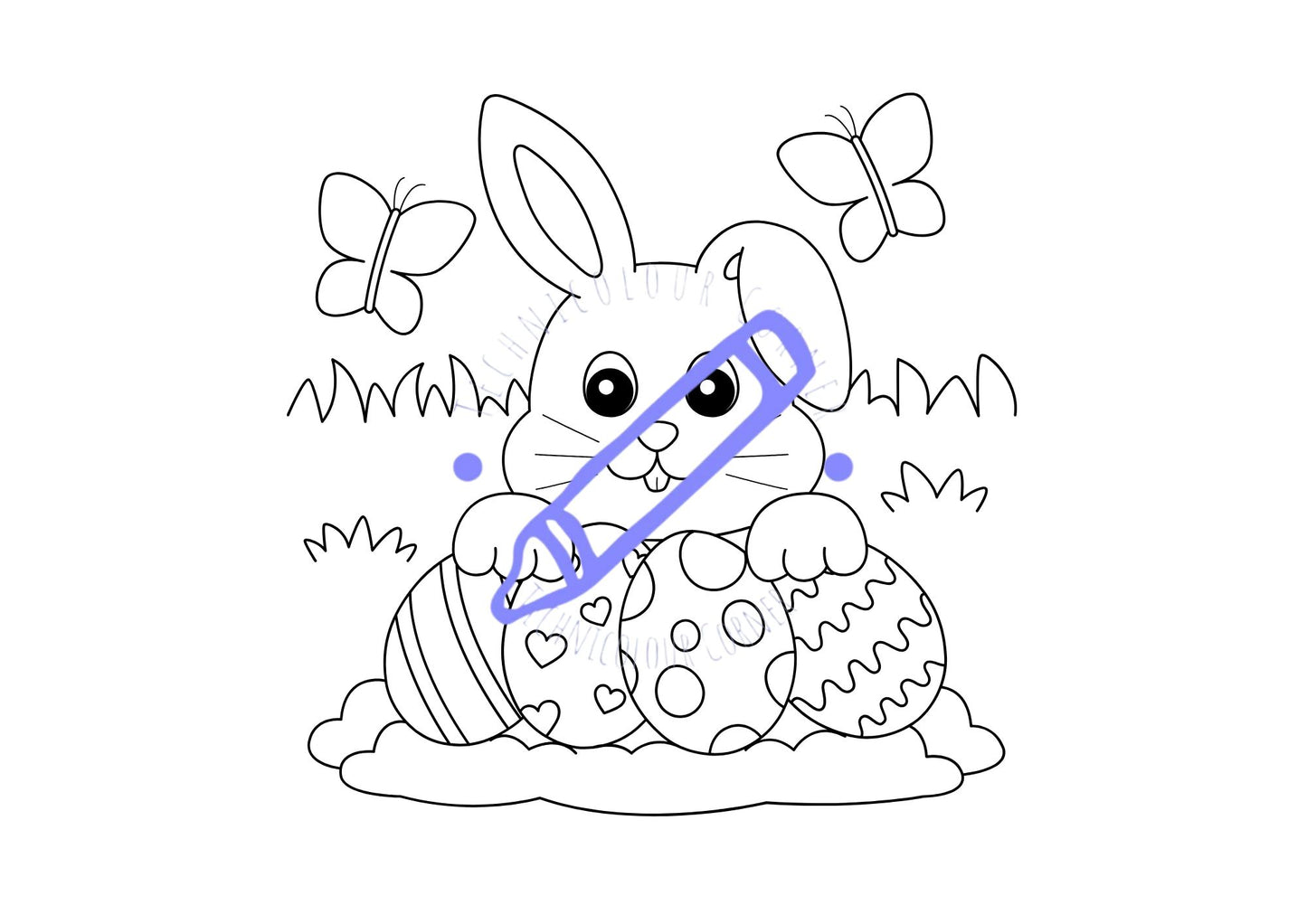 A colouring page with a line drawing of a smiling Easter bunny sitting next to decorated Easter eggs, surrounded by butterflies.