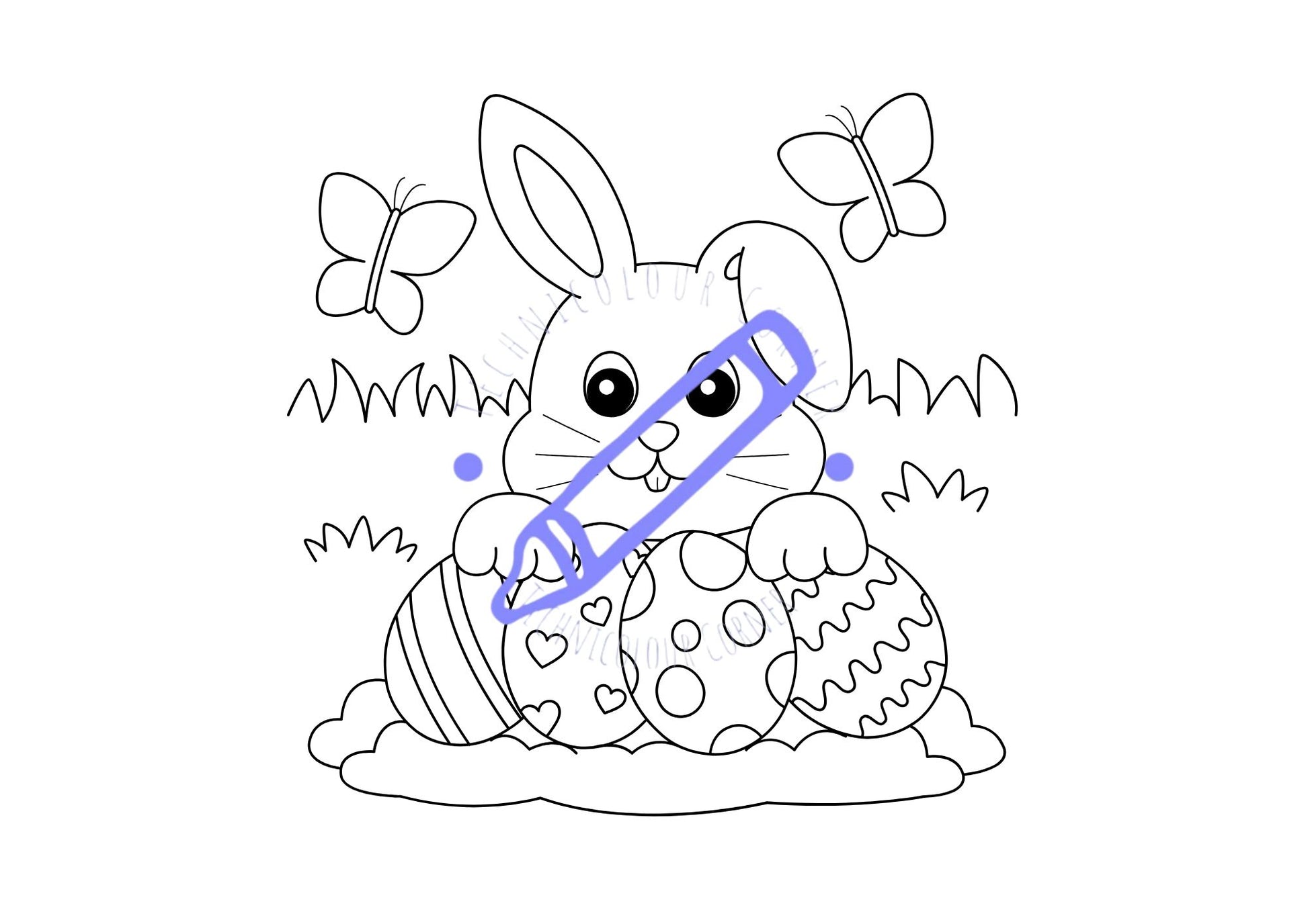 A colouring page with a line drawing of a smiling Easter bunny sitting next to decorated Easter eggs, surrounded by butterflies.
