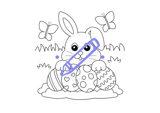 A colouring page with a line drawing of a smiling Easter bunny sitting next to decorated Easter eggs, surrounded by butterflies.