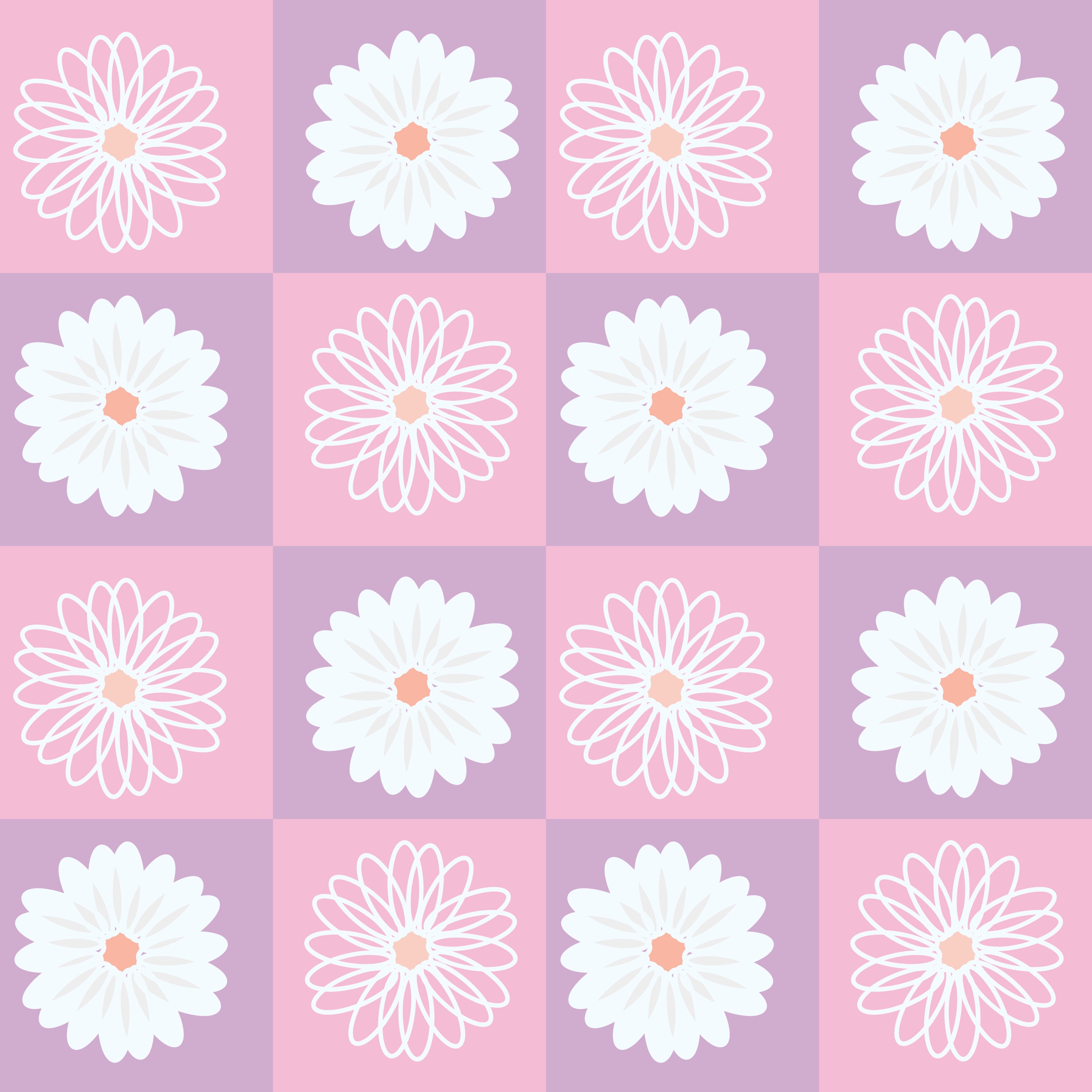 Pattern of white flowers with pink centers on a pink and purple checkered background