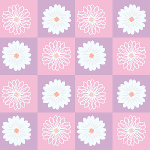 Pattern of white flowers with pink centers on a pink and purple checkered background