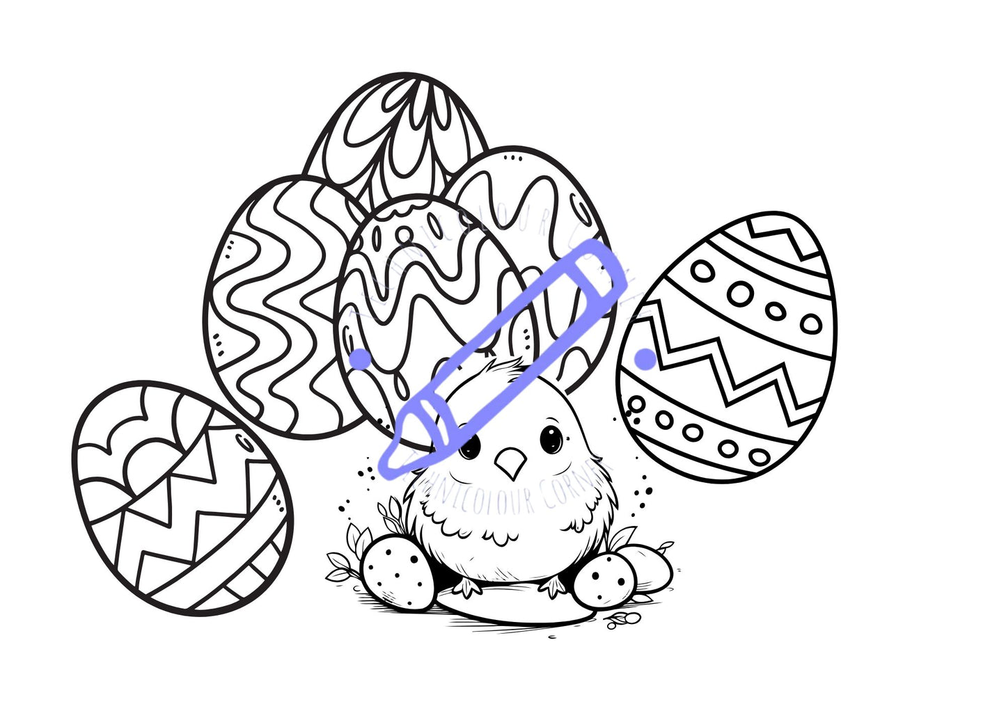 Colouring page showing easter eggs and a chick for download from techicolour corner