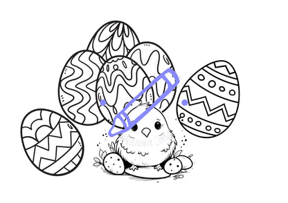 Colouring page showing easter eggs and a chick for download from techicolour corner