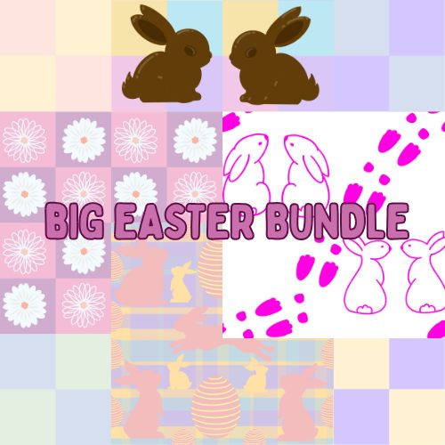Pastel checkered pattern with Easter-themed graphics and text 'BIG EASTER BUNDLE'.