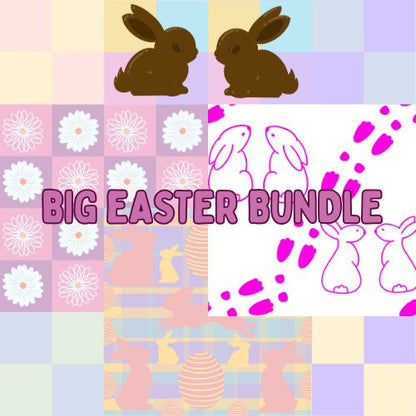 Pastel checkered pattern with Easter-themed graphics and text 'BIG EASTER BUNDLE'.