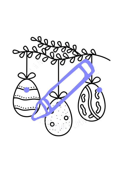 three easter eggs hanging from a branch colouring page from easter colouring book