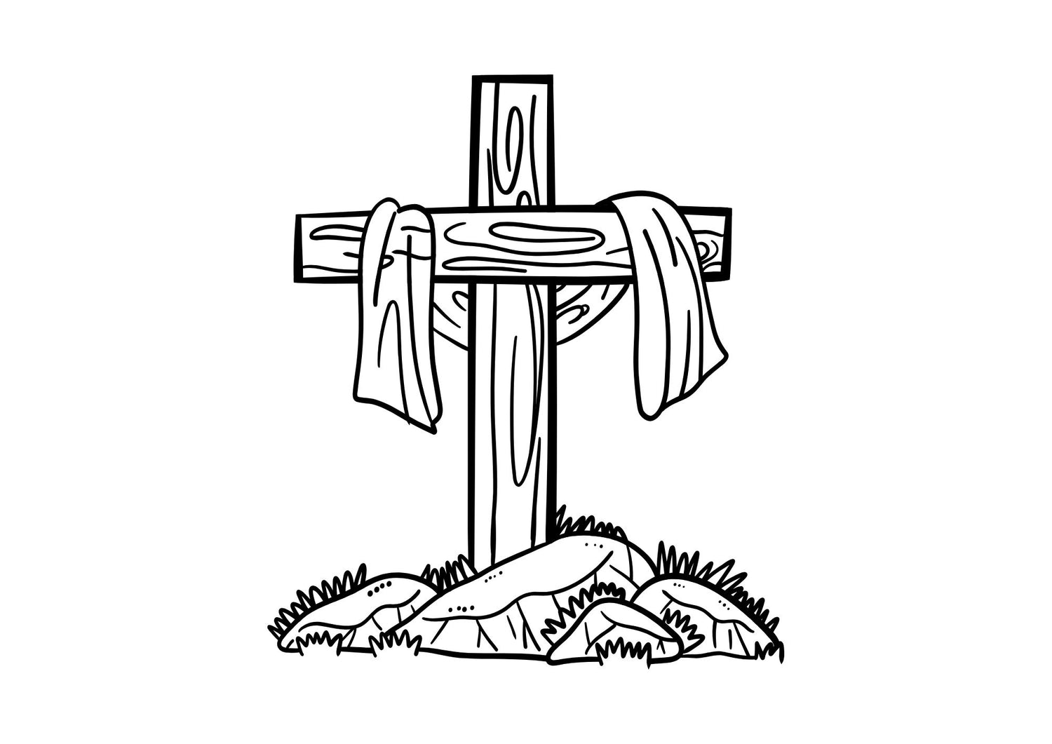 A digital colouring page depicting a cross with a cloth draped over it, set against a backdrop of a grave with rocks around it, likely representing a religious Easter theme from Technicolour Corner 
