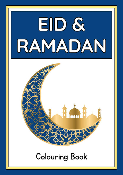 Cover of the 'Eid & Ramadan Colouring Book' featuring a crescent moon with intricate geometric patterns and a mosque.