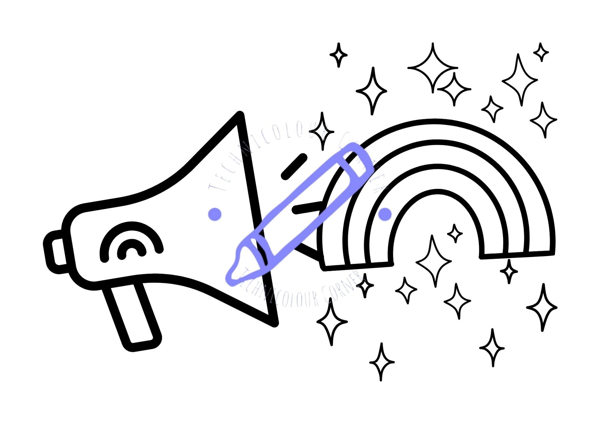 Iconic image depicting a megaphone with a rainbow flag and stars, symbolizing LGBTQ+ pride.