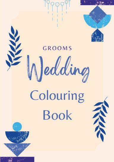 Cover of a 'Grooms Wedding Colouring Book' with decorative elements such as leaves and abstract shapes, predominantly in blue tones for gay pride colouring book