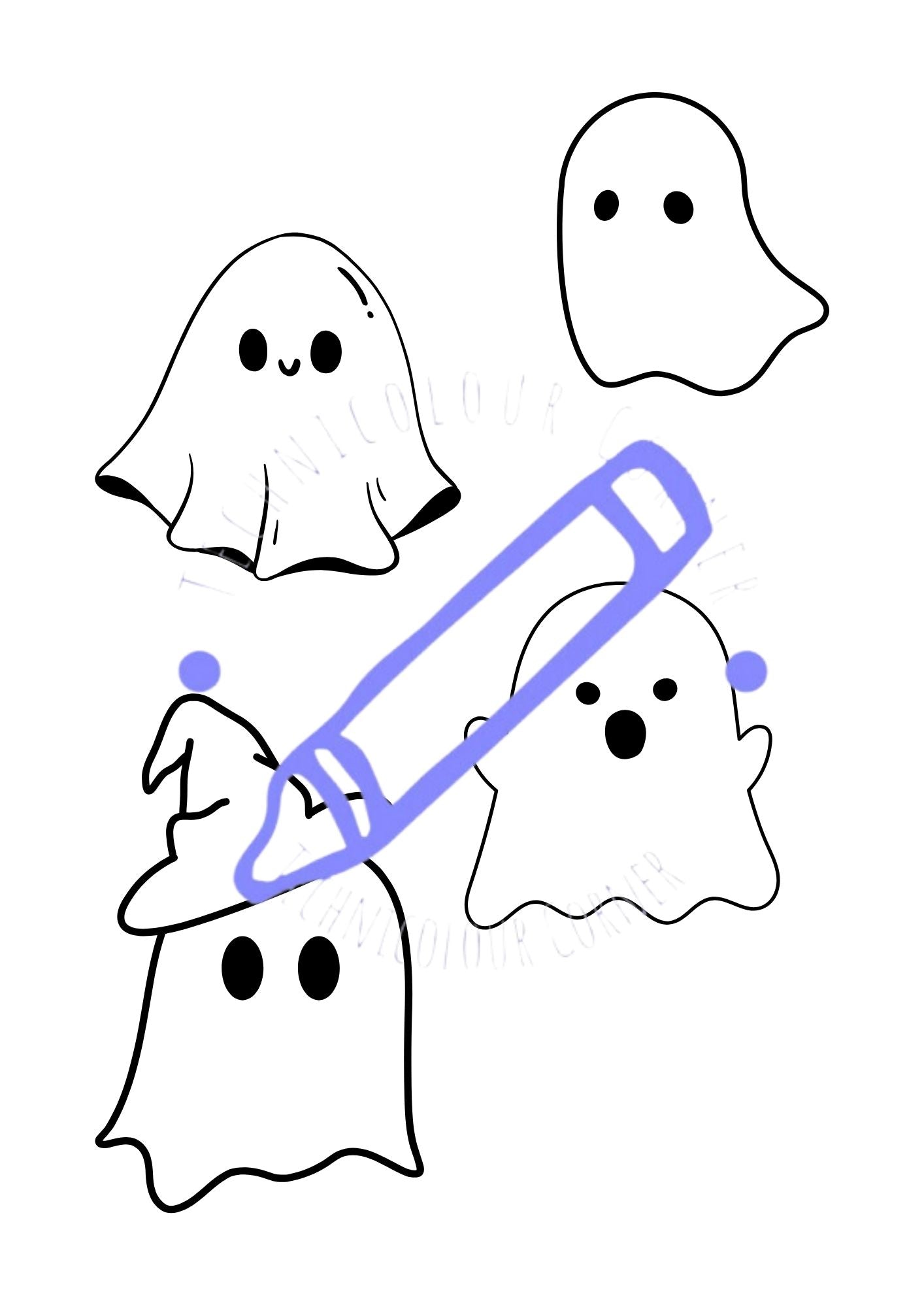Halloween colouring page for kids showing ghosts 