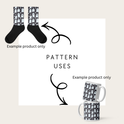 Black socks with ghost pattern and two mugs with the same pattern on a white background to show how to use the halloween seamless file