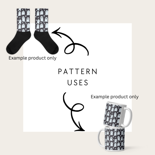 Black socks with ghost pattern and two mugs with the same pattern on a white background to show how to use the halloween seamless file