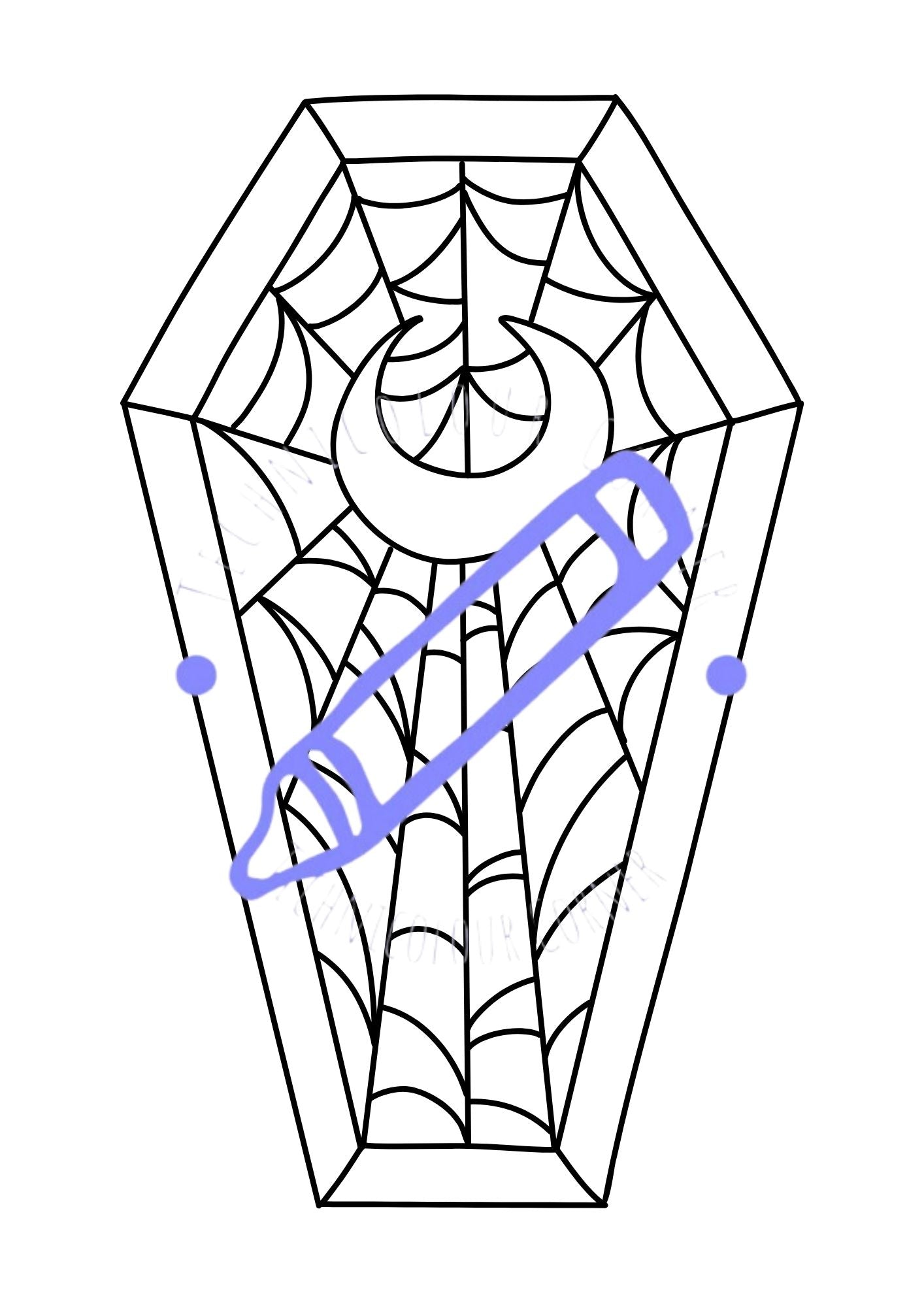 Colouring page of a coffin moon and spiders web for halloween