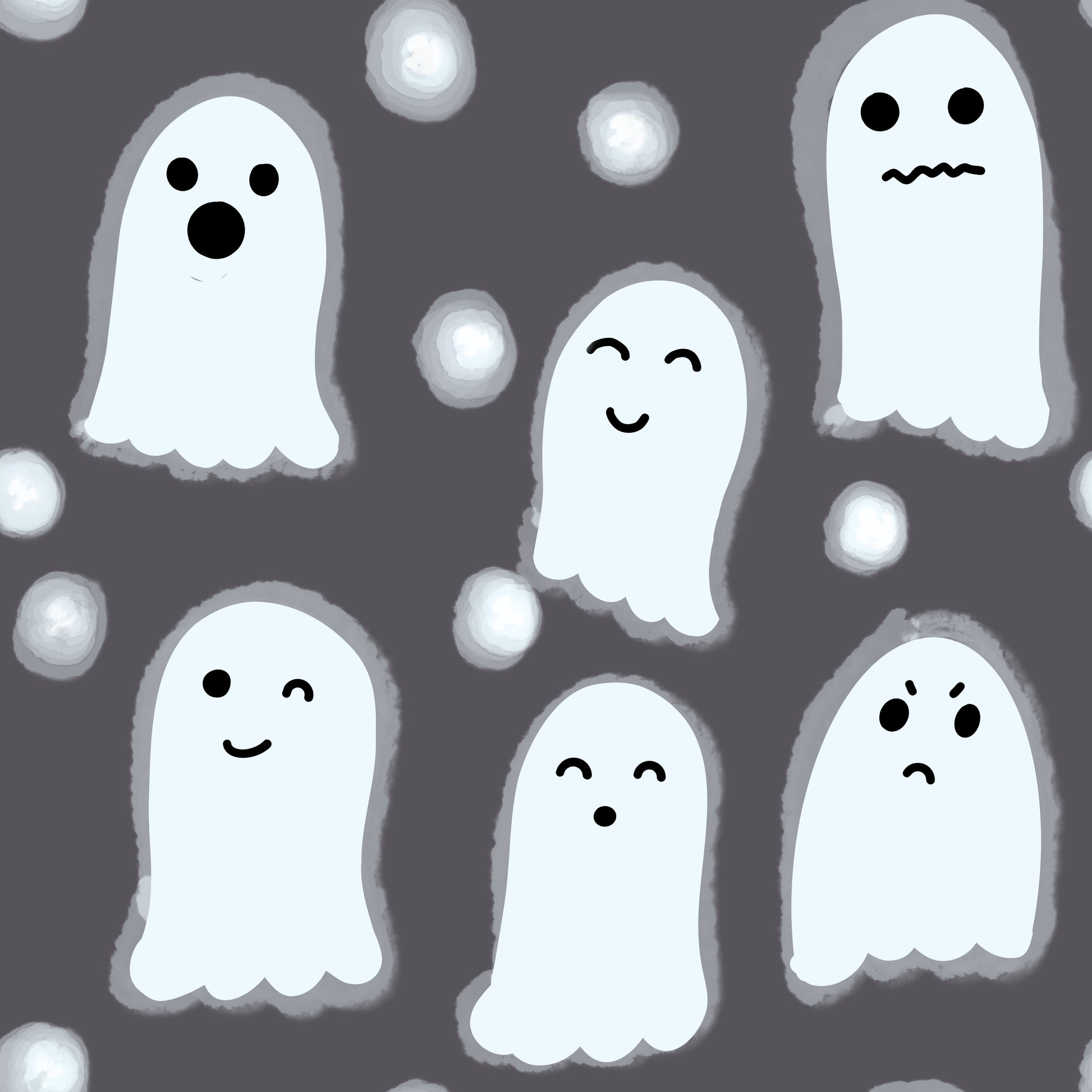 Pattern of glowing white ghosts with different facial expressions on a gray background in seamless pattern celebrating halloween