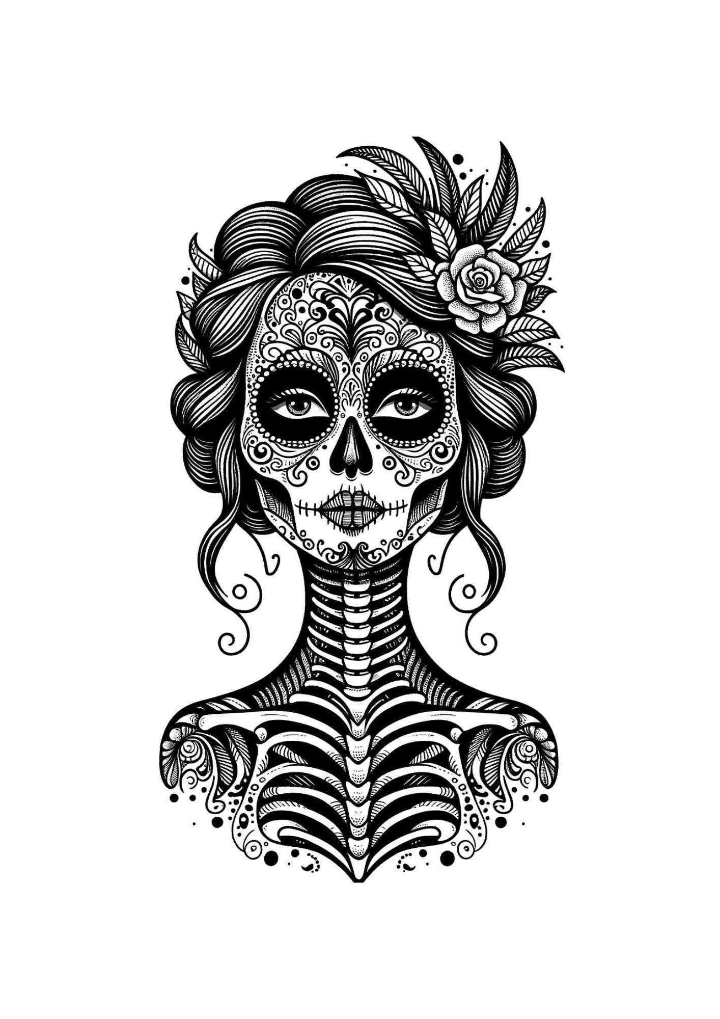 A digital coloring page featuring a gothic design with a skull face, floral patterns, and ornate details.