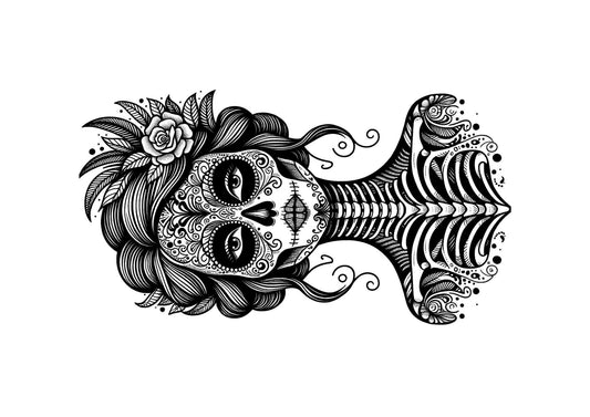 A digital coloring page featuring a gothic design with a skull face, floral patterns, and ornate details.