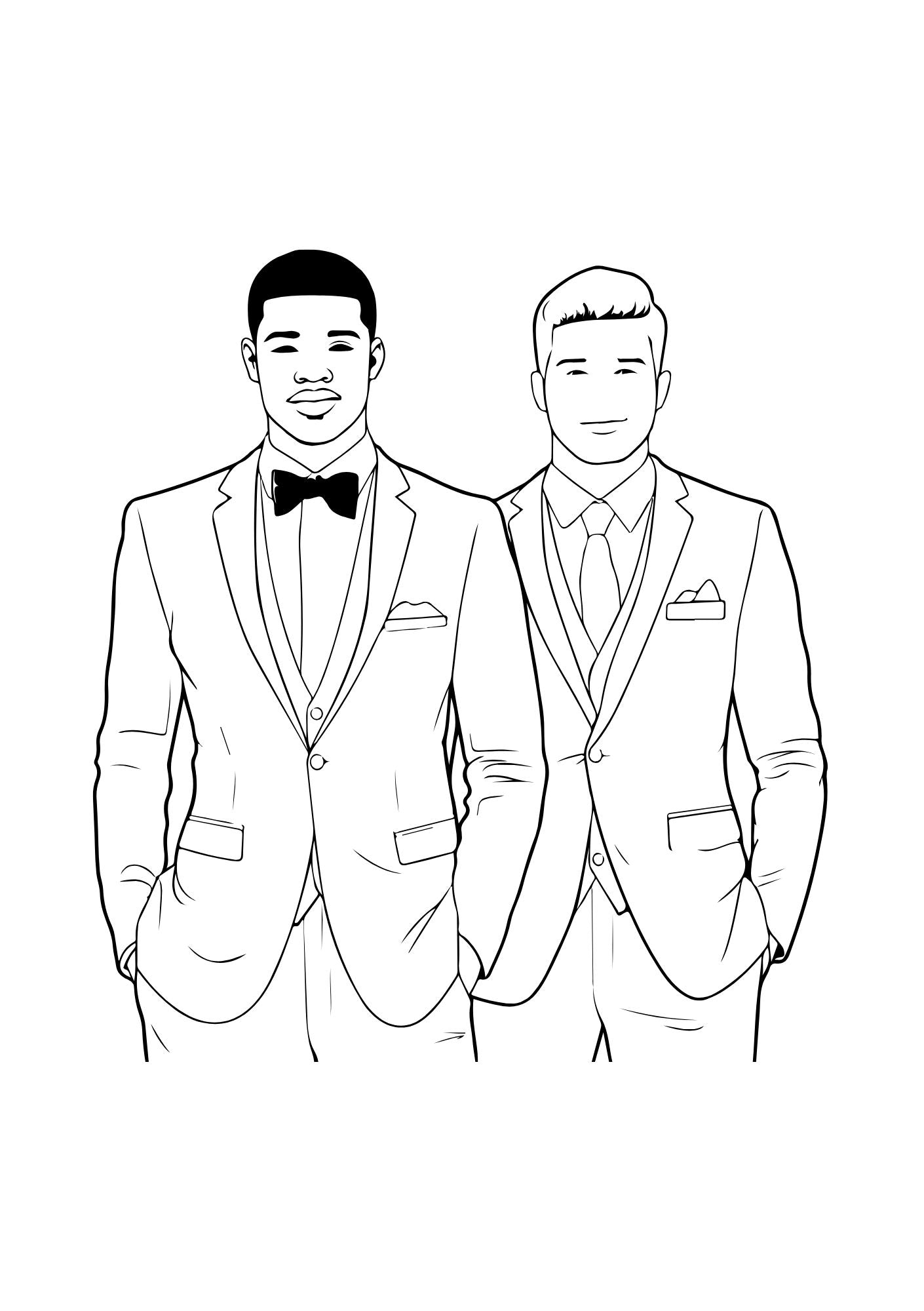 Two men in wedding suits with one wearing a bow tie on a white background