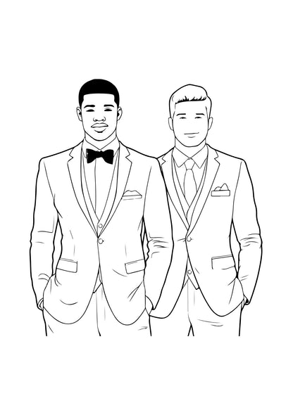 Two men in wedding suits with one wearing a bow tie on a white background