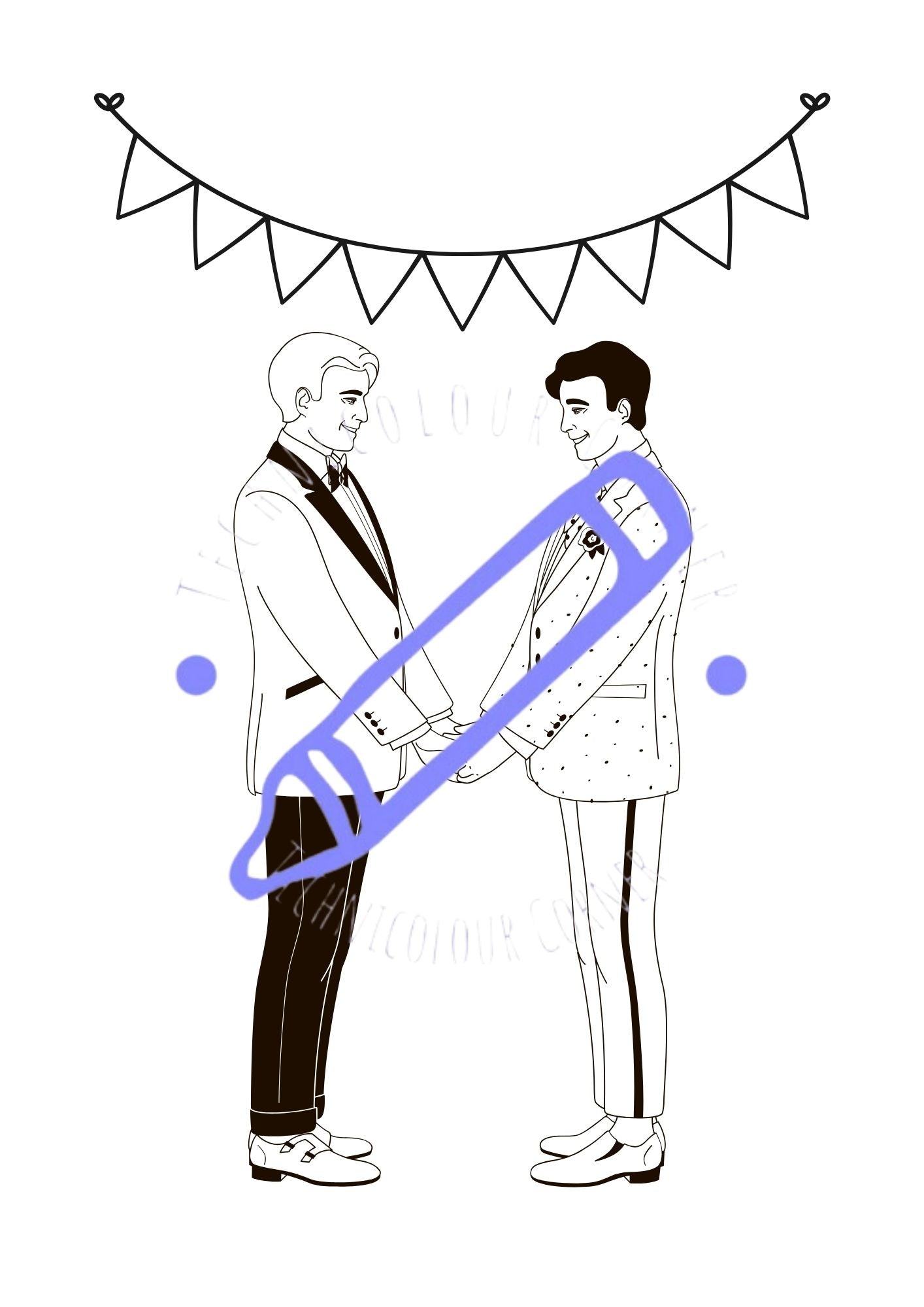A colouring page showing two grooms getting married under bunting