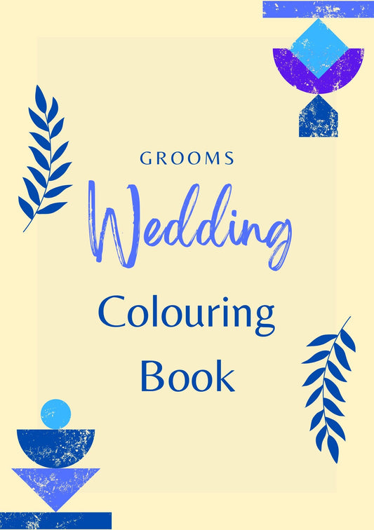 Cover of a wedding colouring book titled 'Grooms Wedding Colouring Book' with decorative elements in blue for  gay lbgt wedding