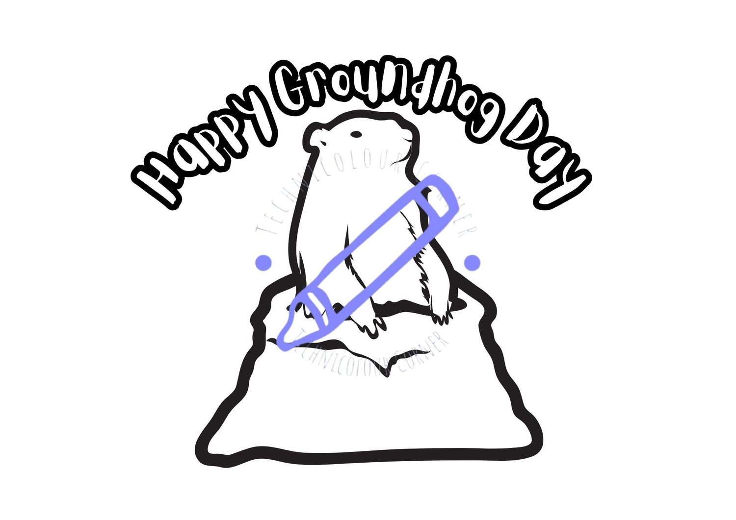 A coloring page design for Groundhog Day featuring a groundhog peeking out of a burrow with a 'Happy Groundhog Day' text above. The image is drawn in black and white with areas designated for coloring.