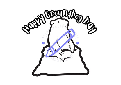 A coloring page design for Groundhog Day featuring a groundhog peeking out of a burrow with a 'Happy Groundhog Day' text above. The image is drawn in black and white with areas designated for coloring.