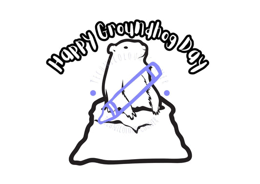 A coloring page design for Groundhog Day featuring a groundhog peeking out of a burrow with a 'Happy Groundhog Day' text above. The image is drawn in black and white with areas designated for coloring.