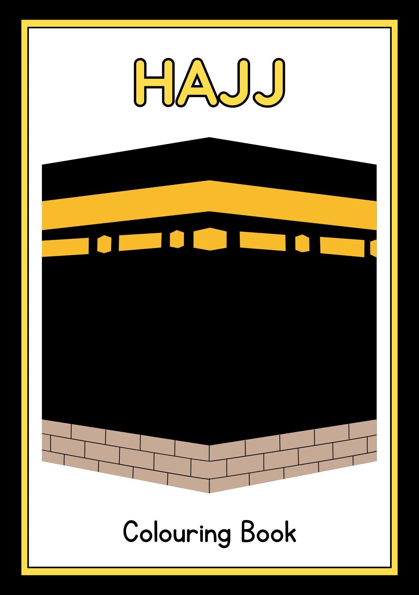 Cover of the digital coloring book titled 'HAJJ Colouring Book' featuring a colouring illustration of the Kaaba in Mecca.