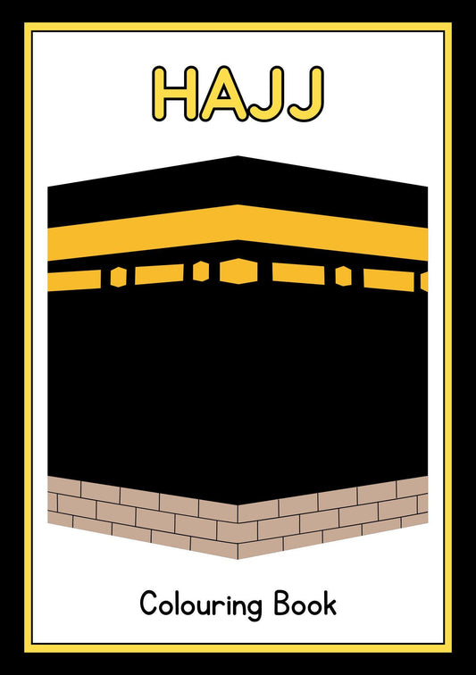 Cover of the digital coloring book titled 'HAJJ Colouring Book' featuring a colouring illustration of the Kaaba in Mecca.