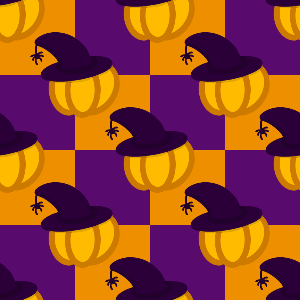 Pattern of pumpkins with witch hats on a purple and orange checkered background