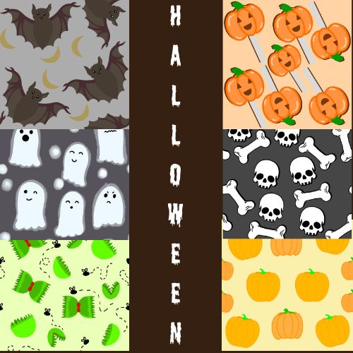 A collage of seamless file patterns on a halloween theme to advertise the bundle available at technicolour corner
