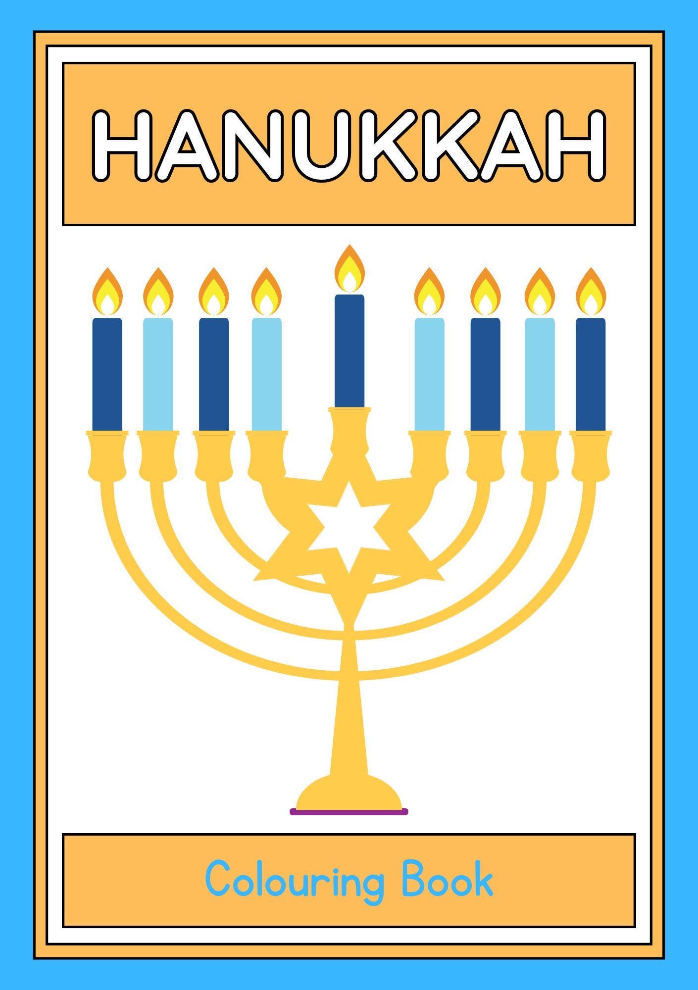 Cover of the technicolour corner Hanukkah Colouring Book featuring a illustration of a Menorah.
