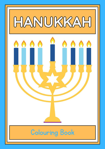 Cover of the technicolour corner Hanukkah Colouring Book featuring a illustration of a Menorah.
