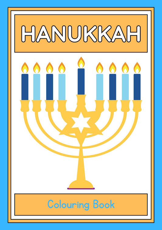 Cover of the technicolour corner Hanukkah Colouring Book featuring a illustration of a Menorah.