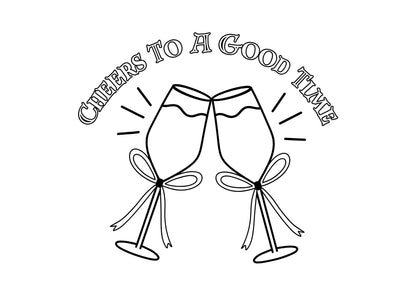 A colouring page with two wine glasses toasting and the text 'CHEERS TO A GOOD TIME' for world wine day on technicolour corner