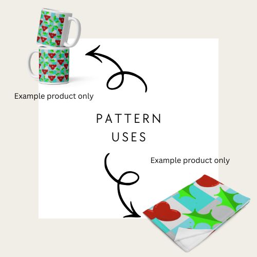 Two mugs with a heart and leaf pattern on a white background, with text indicating 'Example product only' showing what you can use the blue and white red heart holly berry seamless file for