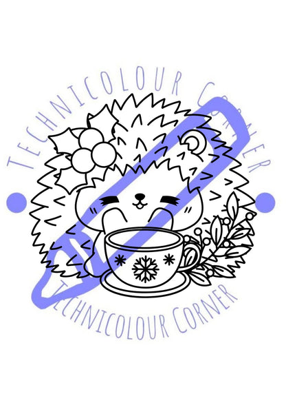 Christmas Animals Colouring Page of a hedgehog with holly and tea