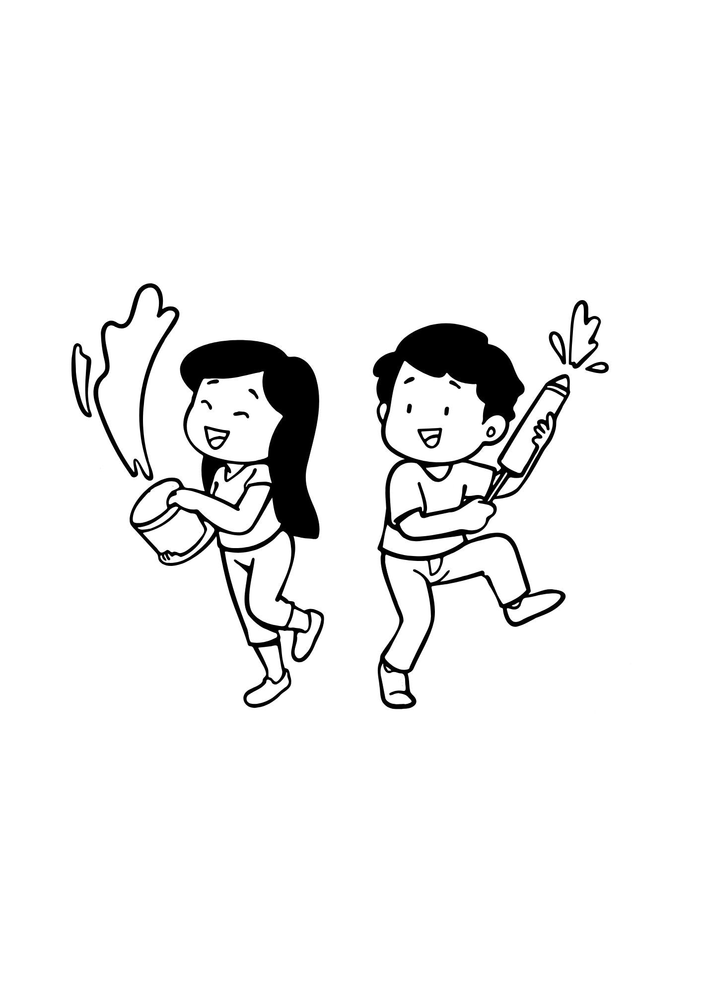 Colouring page of two people celebrating Holi from the colouring book by technicolour corner